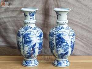 Đôi lọ hoa men lam cổ vẽ Sơn Thủy, cao 25cm