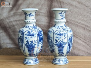 Đôi lọ hoa men lam cổ vẽ Sơn Thủy, cao 25cm