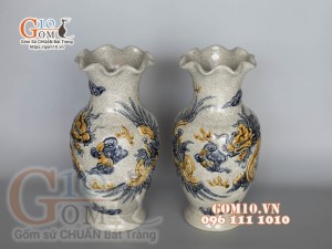 Đôi lọ hoa men rạn đắp nổi Long Phụng, cao 30cm