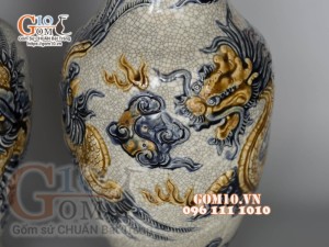 Đôi lọ hoa men rạn đắp nổi Long Phụng, cao 30cm