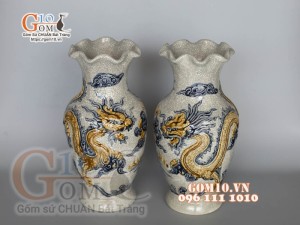 Đôi lọ hoa men rạn đắp nổi Long Phụng, cao 30cm