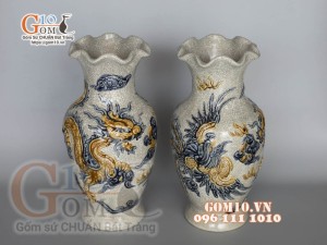 Đôi lọ hoa men rạn đắp nổi Long Phụng, cao 30cm