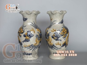 Đôi lọ hoa men rạn đắp nổi Long Phụng, cao 26cm