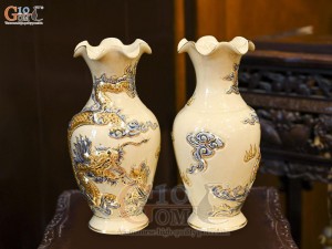 Đôi lọ hoa miệng lượn men hoàng tộc đắp nổi Rồng Như Ý vẽ vàng 24k, cao 36cm