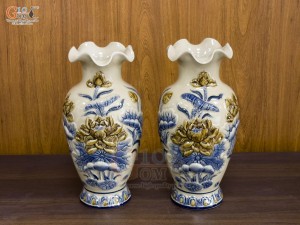 Đôi lọ hoa miệng lượn men hoàng tộc đắp nổi Sen, cao 28cm