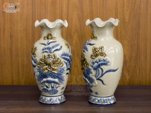 Đôi lọ hoa miệng lượn men hoàng tộc đắp nổi Sen, cao 28cm