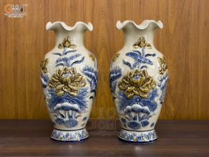 Đôi lọ hoa miệng lượn men hoàng tộc đắp nổi Sen, cao 28cm