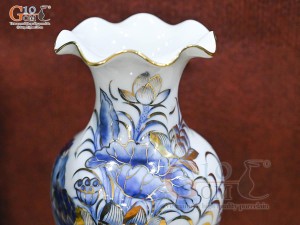 Đôi lọ hoa miệng lượn men lam cổ Sen Cát Tường, vẽ vàng 24k, cao 25cm