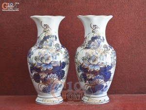Đôi lọ hoa miệng lượn men lam vẽ Sen Tài Lộc vẽ vàng 24k, cao 25cm  