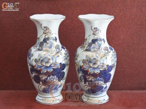 Đôi lọ hoa miệng lượn men lam vẽ Sen Tài Lộc vẽ vàng 24k, cao 35cm 