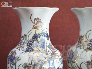 Đôi lọ hoa miệng lượn men lam vẽ Sen Tài Lộc vẽ vàng 24k, cao 25cm  