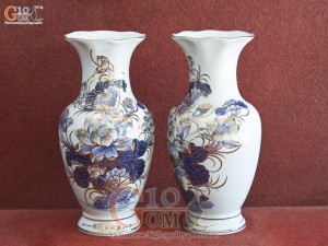 Đôi lọ hoa miệng lượn men lam vẽ Sen Tài Lộc vẽ vàng 24k, cao 25cm  