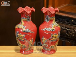 Đôi lọ hoa miệng lượn men màu đắp nổi Rồng Như Ý nền đỏ, cao 32cm