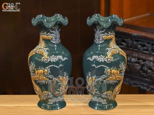Đôi lọ hoa miệng lượn men màu đắp nổi Rồng Như Ý nền xanh lục bảo, cao 36cm