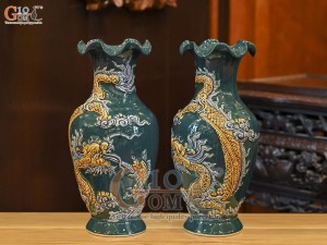 Đôi lọ hoa miệng lượn men màu đắp nổi Rồng Như Ý nền xanh lục bảo, cao 36cm