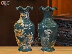 Đôi lọ hoa miệng lượn men màu đắp nổi Rồng Như Ý nền xanh lục bảo, cao 36cm