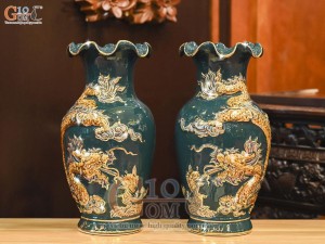 Đôi lọ hoa miệng lượn men màu đắp nổi Rồng Như Ý nền xanh lục bảo vẽ vàng 24k, cao 26cm