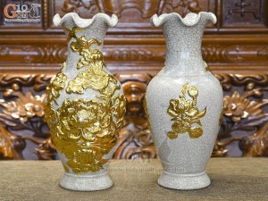Đôi lọ hoa miệng lượn men rạn đắp nổi hoa Sen Cát Tường dát vàng 24k, cao 28cm