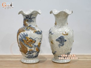 Đôi lọ hoa miệng lượn men rạn đắp nổi Rồng Như Ý, cao 24cm