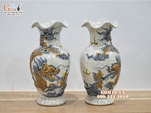 Đôi lọ hoa miệng lượn men rạn đắp nổi Rồng Như Ý, cao 24cm