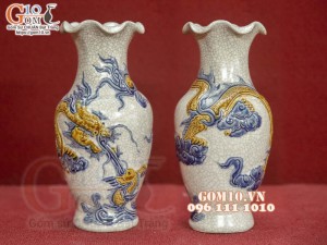 Đôi lọ hoa miệng lượn men rạn đắp nổi Rồng Như Ý, cao 26cm
