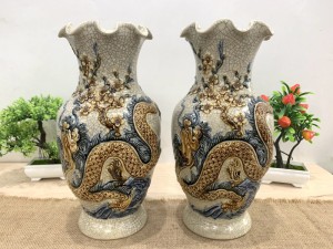 Đôi lọ hoa miệng lượn men rạn đắp nổi Rồng đào cao cấp, cao 28cm