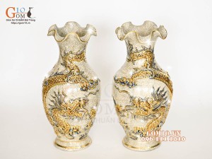 Đôi lọ hoa miệng lượn men rạn đắp nổi Rồng Như Ý vẽ vàng 24k, cao 32cm