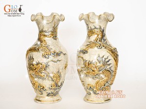 Đôi lọ hoa miệng lượn men rạn đắp nổi Rồng Như Ý vẽ vàng 24k, cao 32cm