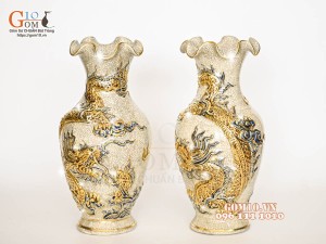 Đôi lọ hoa miệng lượn men rạn đắp nổi Rồng Như Ý vẽ vàng 24k, cao 32cm