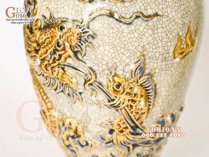 Đôi lọ hoa miệng lượn men rạn đắp nổi Rồng Như Ý vẽ vàng 24k, cao 32cm