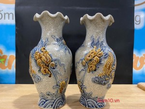 Đôi lọ hoa miệng lượn men rạn đắp nổi Rồng Phú Quý, cao 26cm
