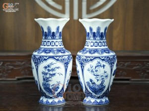 Đội lọ hoa miệng lượn men trắng họa tiết Tứ Cảnh Tài Lộc, cao 35cm