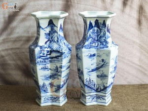 Đôi lọ hoa song tâm men lam cổ vẽ cảnh Sơn Thủy, cao 33cm