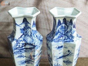 Đôi lọ hoa song tâm men lam cổ vẽ cảnh Sơn Thủy, cao 33cm