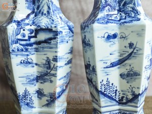 Đôi lọ hoa song tâm men lam cổ vẽ cảnh Sơn Thủy, cao 33cm