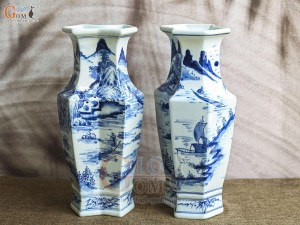 Đôi lọ hoa song tâm men lam cổ vẽ cảnh Sơn Thủy, cao 33cm