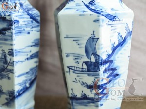 Đôi lọ hoa song tâm men lam cổ vẽ cảnh Sơn Thủy, cao 33cm