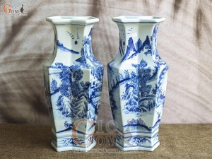 Đôi lọ hoa song tâm men lam cổ vẽ cảnh Sơn Thủy, cao 33cm