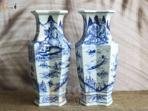 Đôi lọ hoa song tâm men lam cổ vẽ cảnh Sơn Thủy, cao 33cm