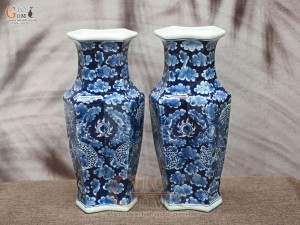 Đôi lọ hoa song tâm men lam cổ vẽ Long Ẩn, cao 33cm