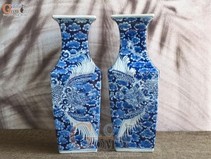 Đôi lọ hoa tai hổ men lam cổ vẽ Phượng băng, cao 45cm