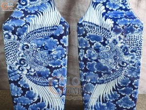 Đôi lọ hoa tai hổ men lam cổ vẽ Phượng băng, cao 45cm