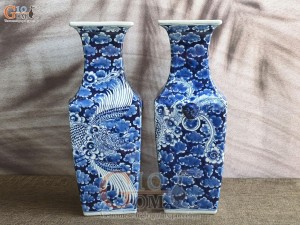 Đôi lọ hoa tai hổ men lam cổ vẽ Phượng băng, cao 45cm