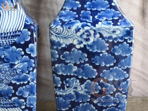 Đôi lọ hoa tai hổ men lam cổ vẽ Phượng băng, cao 45cm