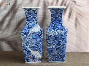 Đôi lọ hoa tai hổ men lam cổ vẽ Phượng băng, cao 45cm