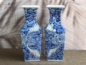 Đôi lọ hoa tai hổ men lam cổ vẽ Phượng băng, cao 45cm