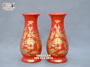 Đôi lọ huệ họa tiết Rồng Phúc - Lộc - Thọ vàng kim men đỏ, cao 22cm