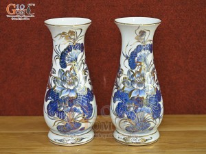 Đôi lọ huệ men lam cổ vẽ Sen Tài Lộc vẽ vàng 24k, cao 23cm