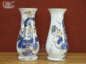 Đôi lọ huệ men lam cổ vẽ Sen Tài Lộc vẽ vàng 24k, cao 23cm