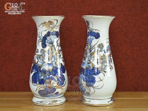 Đôi lọ huệ men lam cổ vẽ Sen Tài Lộc vẽ vàng 24k, cao 23cm